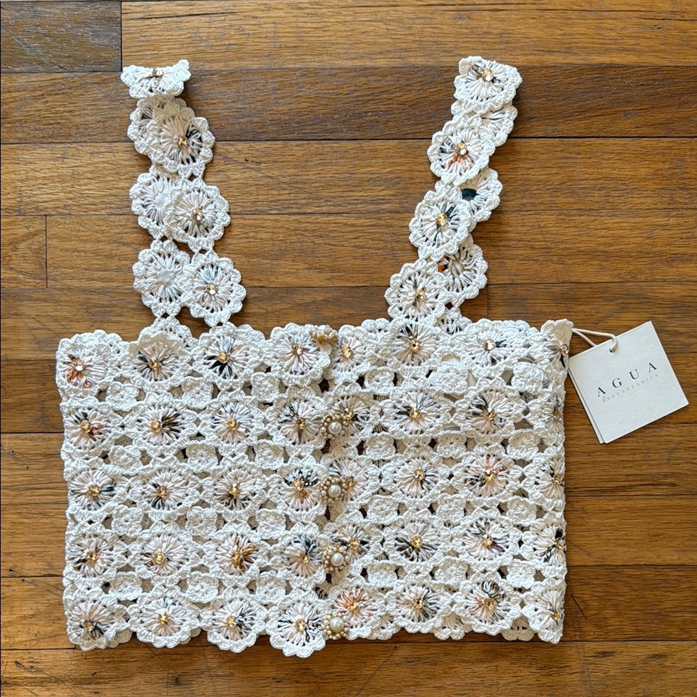 NWT Aqua by Agua Bendita White Cropped Crochet Top Size S